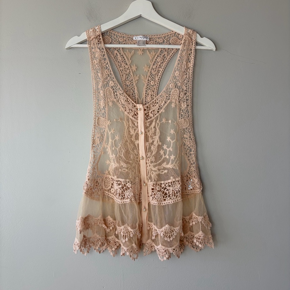 Venus Cream Lace Sheer Pearl Button‎ Boho Vest Women's Medium